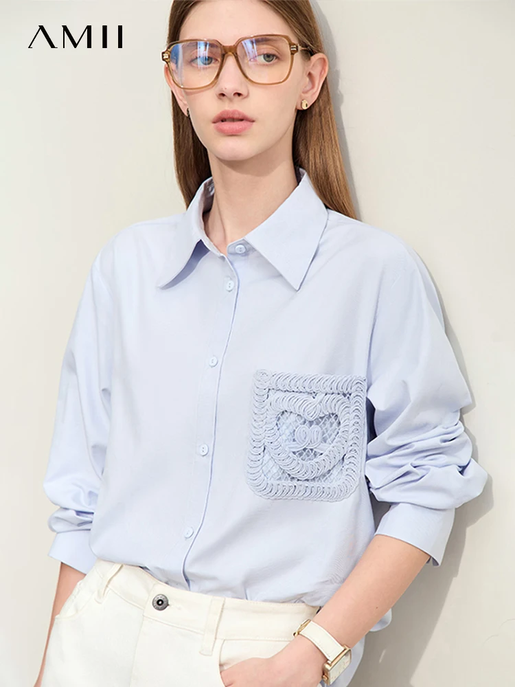 

AMII Minimalism 2024 Shirts For Women Spring New Solid Mid-length Straight Turn-down Collar Long-sleeved Cotton Shirt 12441042