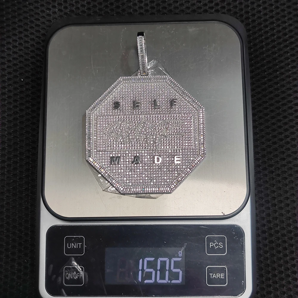 S925 Sterling Silver Bling Hip Hop Zircon 80MM Big Size Polygonal Pendant Jewelry Custom Name Letter Octagonal Pendant Necklace