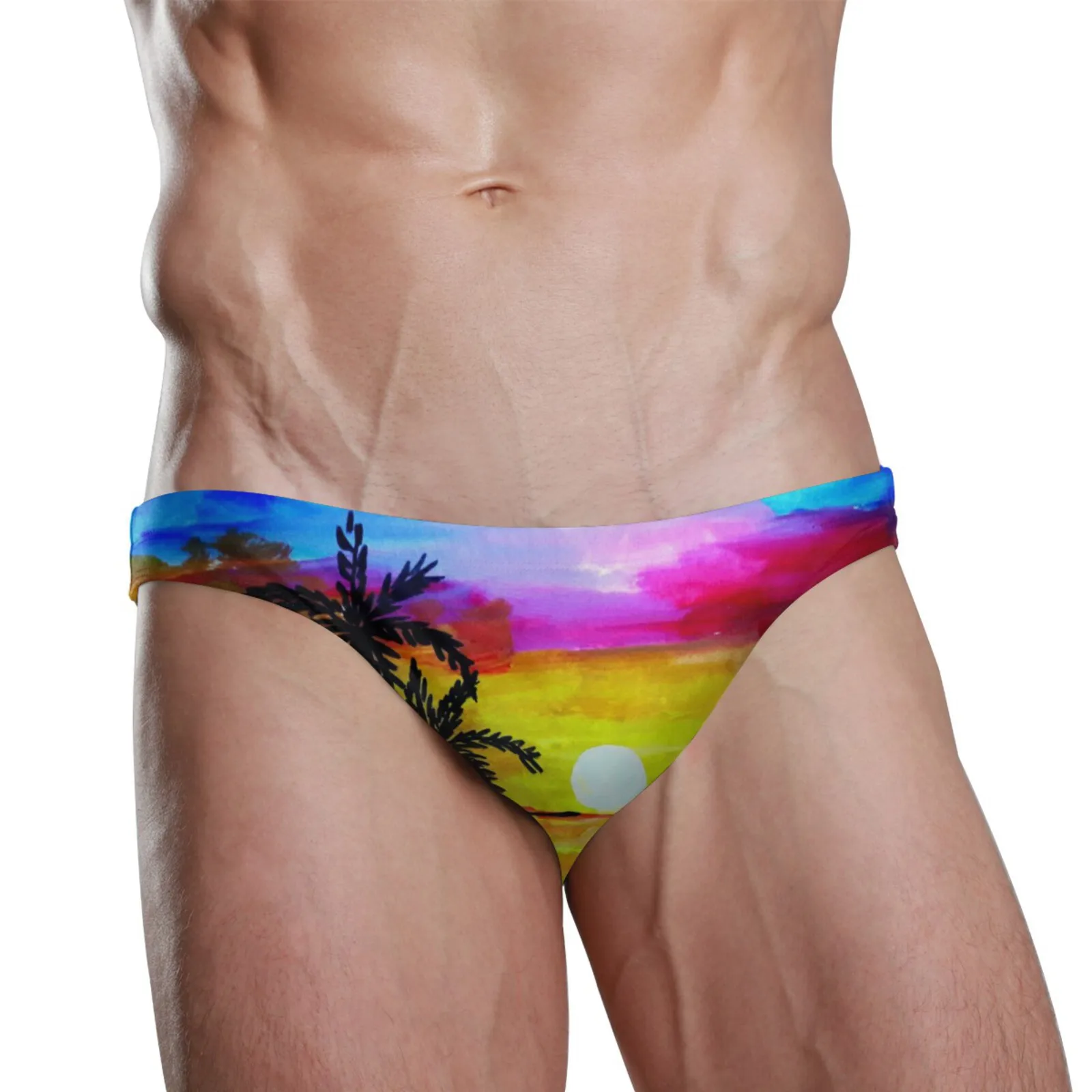 새로운 남성 섹시한 여름 수영복 팬티 낮은 허리 수영복 벌지 비치웨어 야자수 일몰 인쇄 짧은 스포츠 옴므 수영 비키니