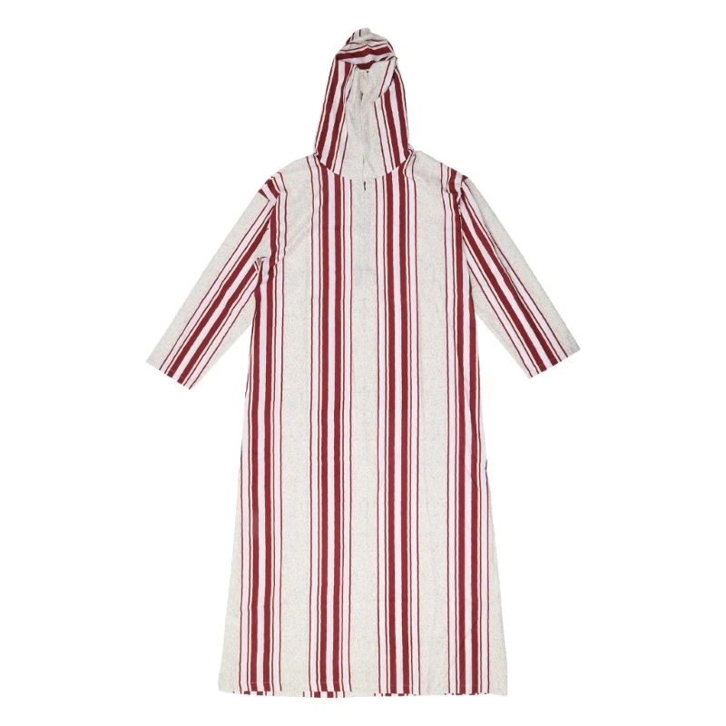 Stripe Long Sleeve Casual Abaya Muslim Dress Moroccan Ramadan Gown Shirt for Men