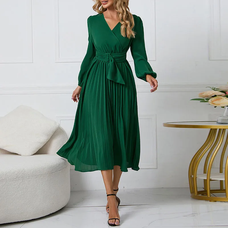 

2023 Spring and Autumn Women's New Long-sleeved Slim Pleated Belt V-neck Dress A-line Skirt