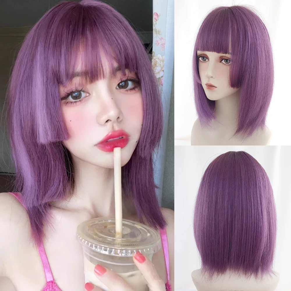 Purple Synthetic Short Straight Wig with Bangs Nature Women Lolita Cosplay Hair Heat Resistant Wig for Daily Party mens short wig brown wig for daily use fashion wig synthetic wig nature looking