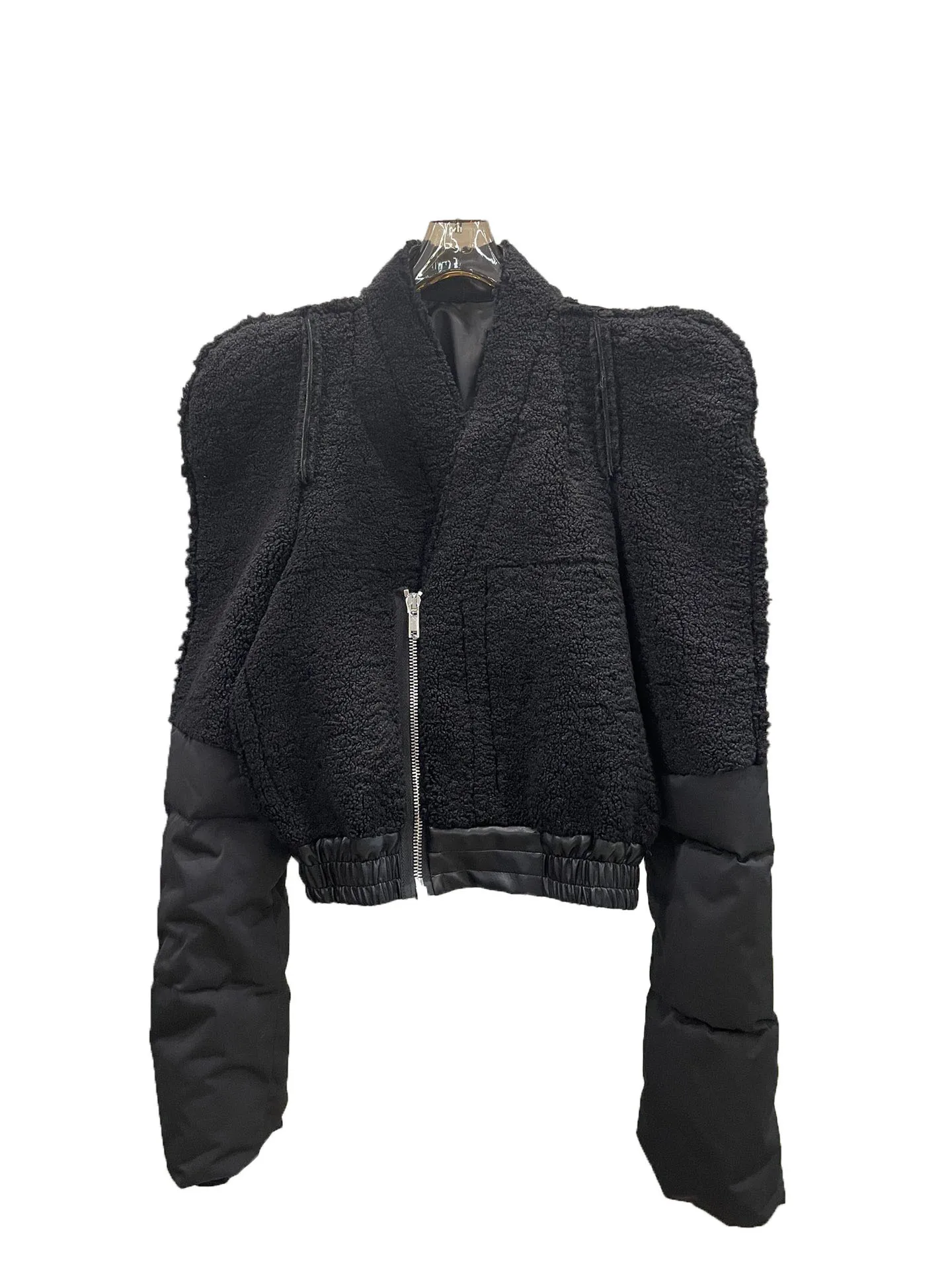 

Patchwork lamb's wool down jacket hem quilted leather waist design warm and cozy casual fashion 2024 winter new 1021