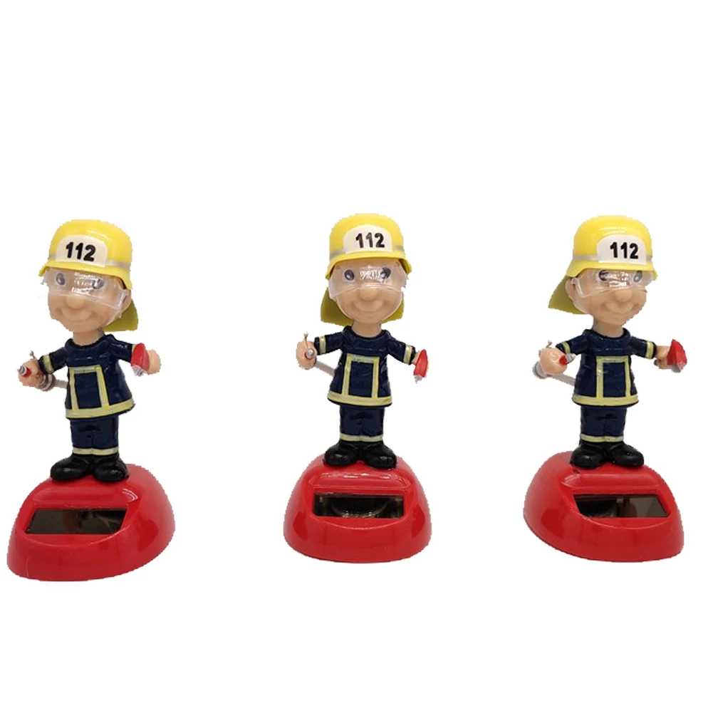 Solar Powered Firefighter Shaking Head Doll Dancing Toy Car Decor 