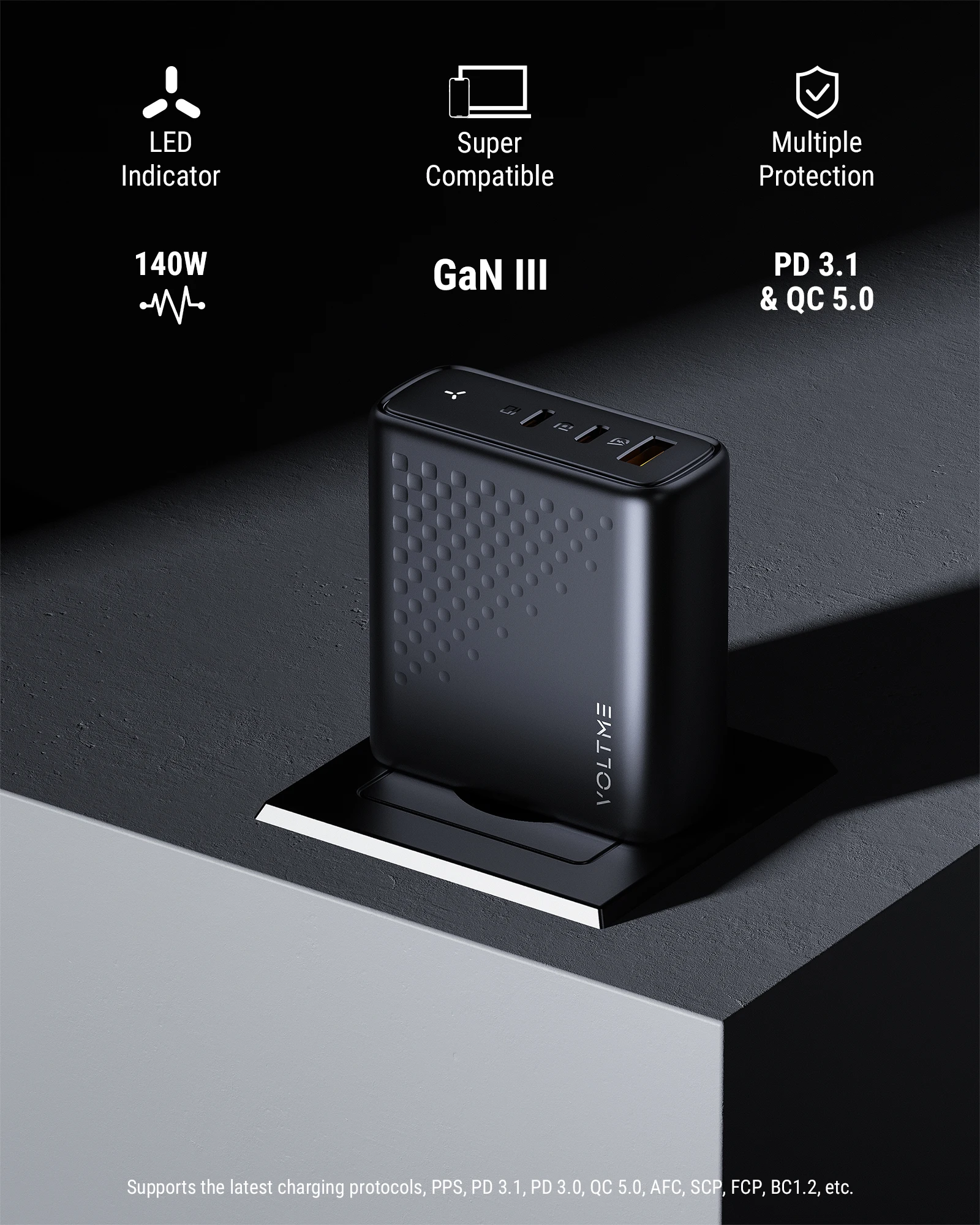 VOLTME GaN 충전기, 140W USB C타입, PD3.1 고속 충전, 맥북 프로 16 인치, 아이폰 15 프로 맥스용 5.0 휴대폰 충전기
