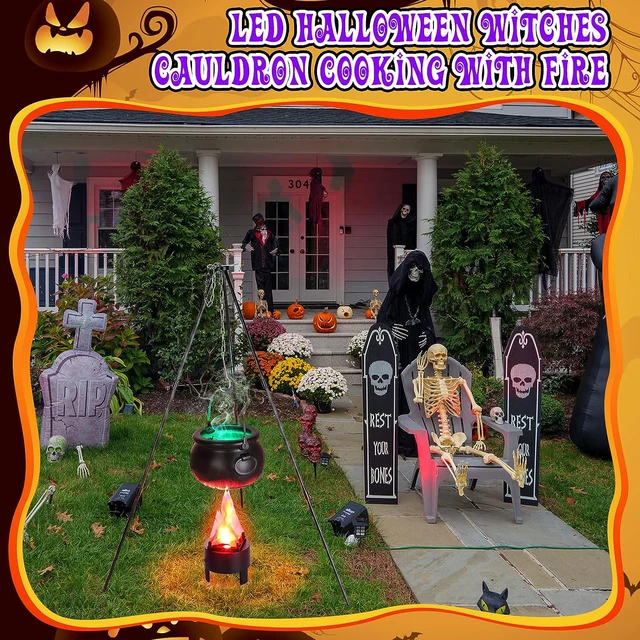 Caldero de brujas para decoración de Halloween al aire libre, caldero de  bruja grande en trípode con luces, caldero negro de plástico para dulces