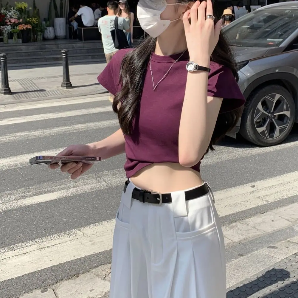 Simple Solid Color Short Sleeve T-shirt Chic Sweet Y2K Crop Top Korean Style Slim Fit Tees Shirts Women Streetwear