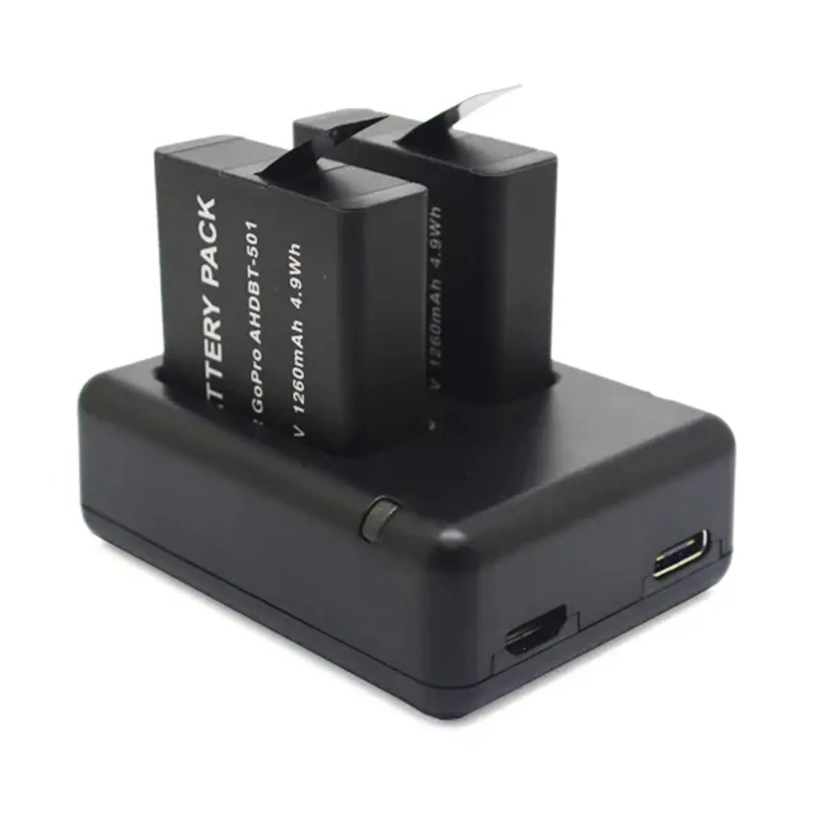 Vue de dessus du chargeur double pour GoPro HERO8 noir, connecteurs dorés et logo GoPro visibles, support de recharge rapide 5V/2A