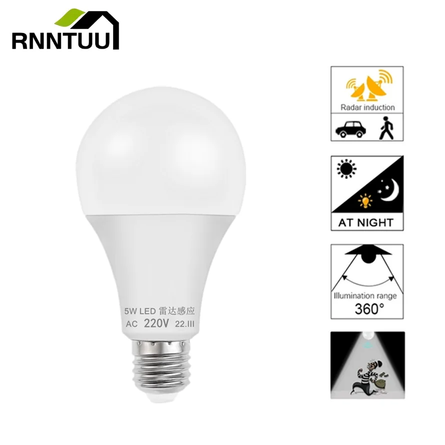 Rnntuu 5W 7W 9W 12W Lampada Led E27 Sensore Di Movimento Radar Lampadina 220V Rilevamento A Infrarossi Lampada Intelligente Funzionante Nell'Oscurità 
