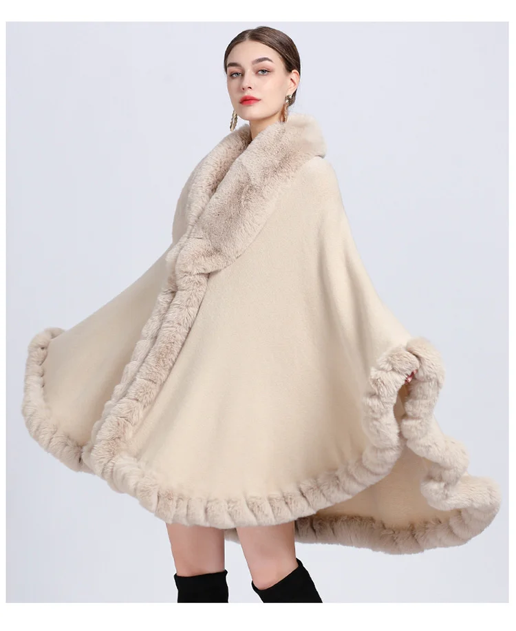 Elegant Imitation Rabbit Fur Cape Women Winter Clothing Thick Warm Poncho Female Fashion Cardigan Shawl Cloak Loose Long_ecoleips.com