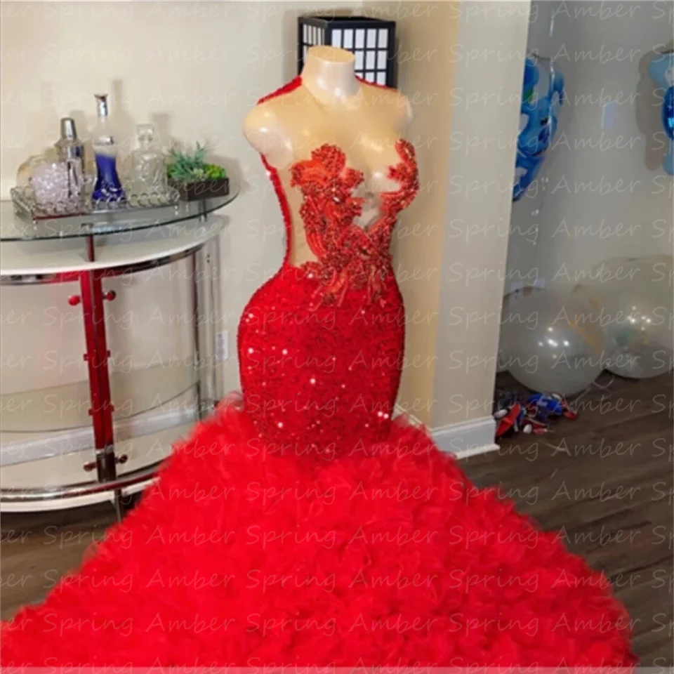 Red Puffy Prom Dresses Crystal Lace Applique Mermaid Ruched Tulle Girl  Formal Graduating Evening Gowns Birthday Customized - AliExpress 320