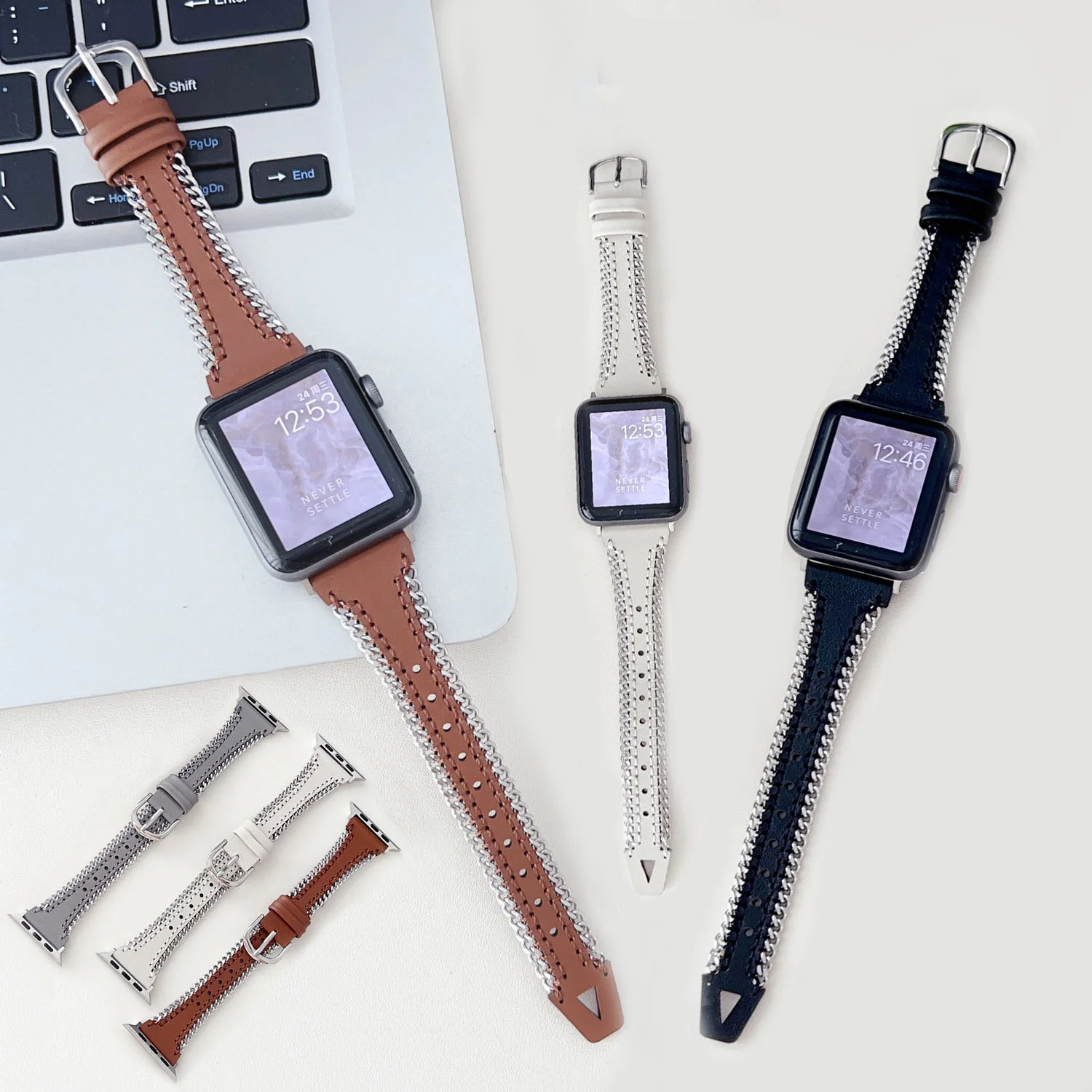 

Leather Steel Chain Band For Apple Watch 8 Ultra 49mm 7 SE 6 5 4 3 Metal Leather Watch Strap For iWatch 42/44/45mm 38/40/41mm