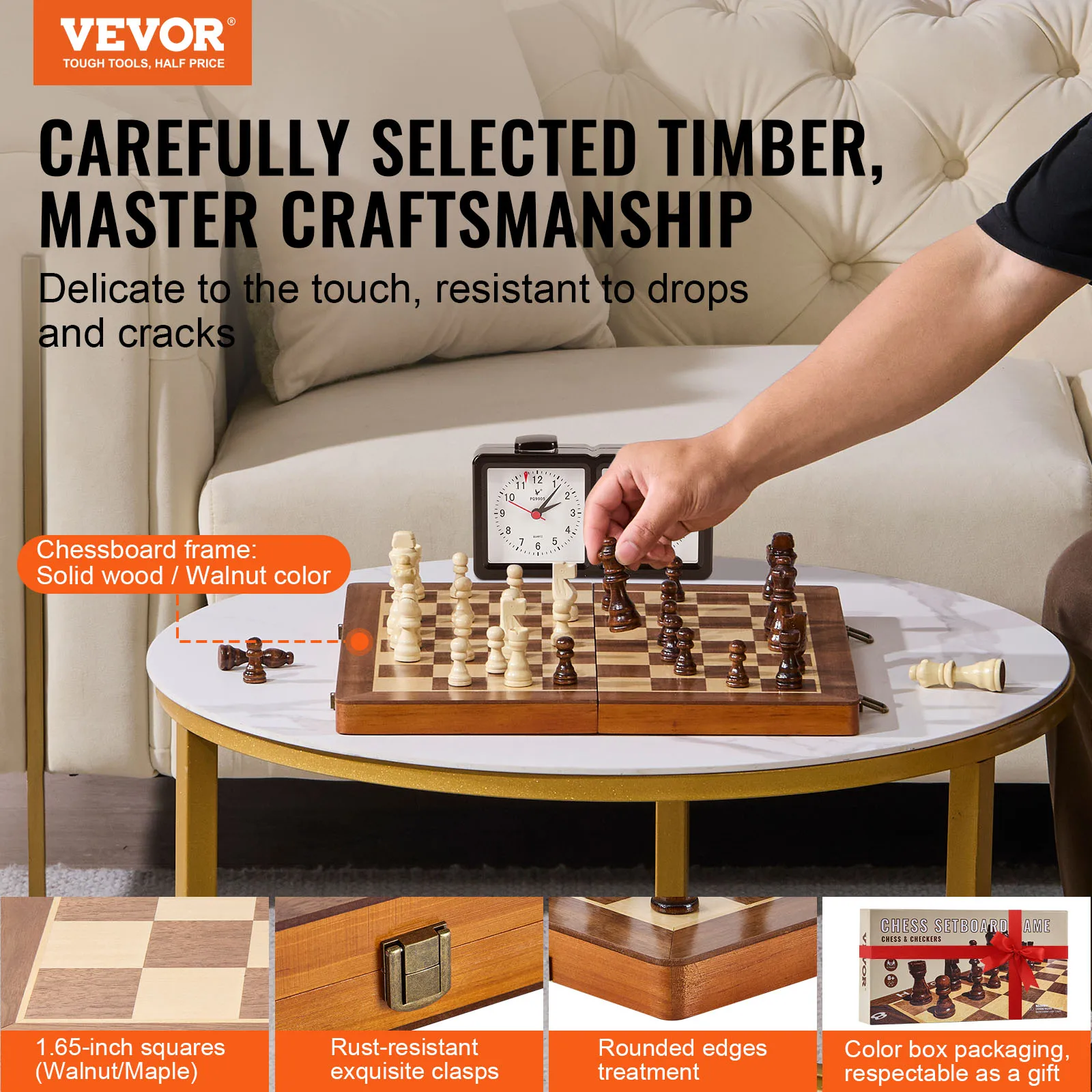 VEVOR 15inch Magnetic Wooden Chess Set 2-IN-1 Chess Checkers Game Set Folding Chess Board Games for Adults Kids 2 Queens Port 2