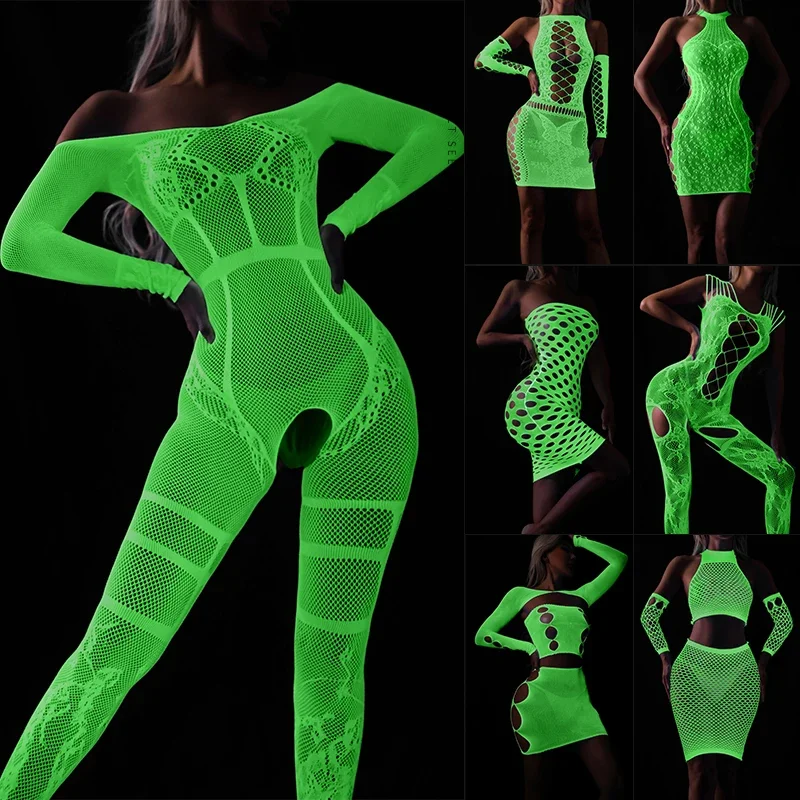 Sexy Lingerie Luminous Body Stocking Fluorescent Mesh Bodysuit Tube Top Jumpsuit Stockings Mesh Clothing Night Club Wear Womens