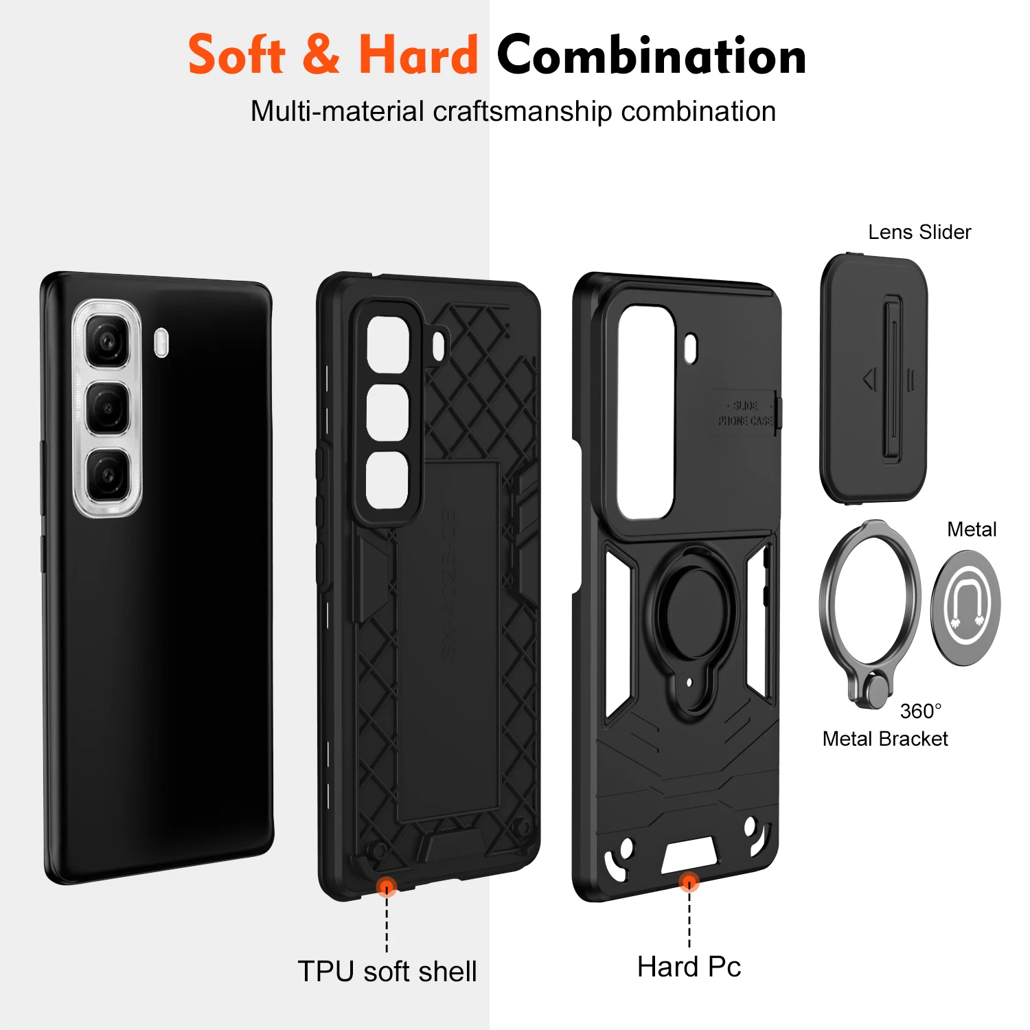Rugged Armor Shockproof Phone Case with Sliding Window and Metal Ring Holder Back Cover