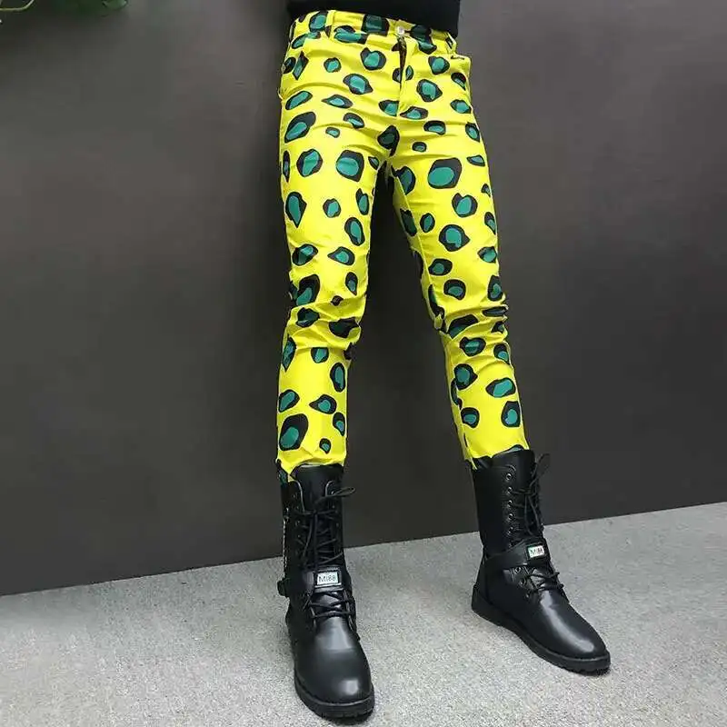 Spring Yellow Male Casual Pants Singer Stage Wear Mens Fashion Floral Print Suit Trousers Hip Hop Nightclub Stage Singer DJ