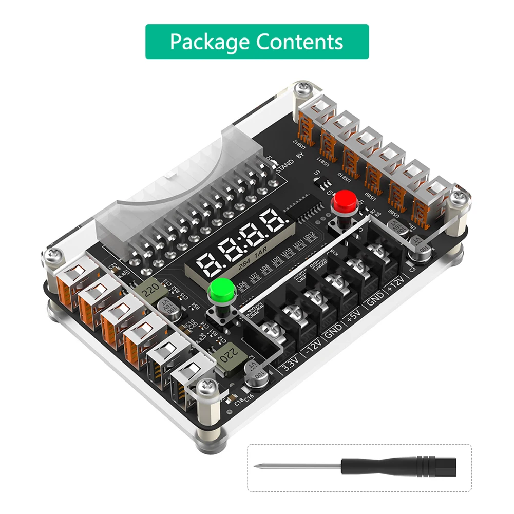 12-Port USB 3A 3.3V 5V 12V -12V Output ATX Power Breakout Board with Acrylic Case Kit ATX Power Supply Breakouts Board Module