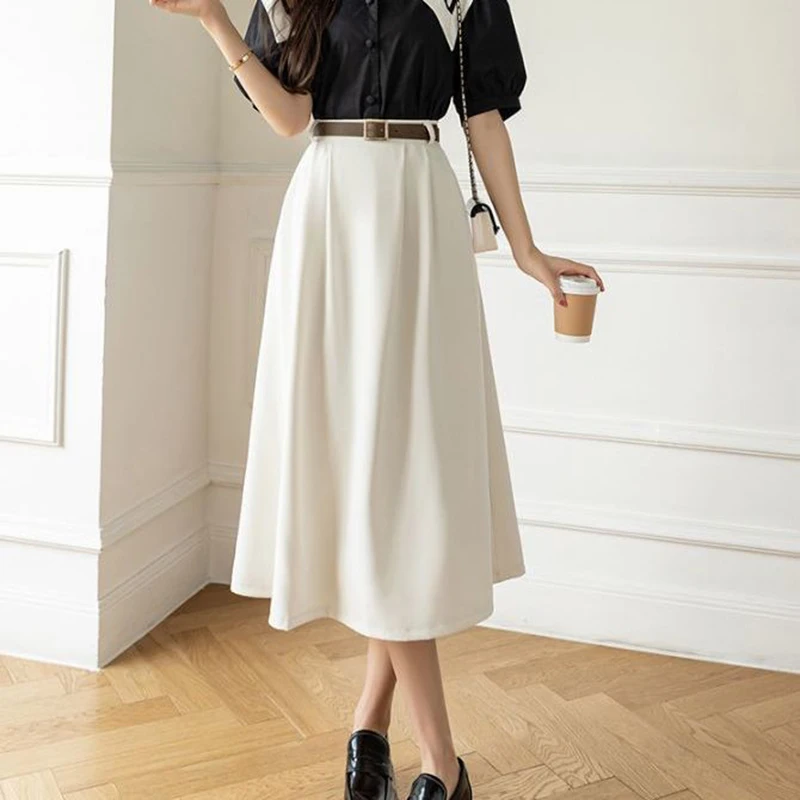 Summer A-line Skirts Women Elegant Office Ladies High Waist