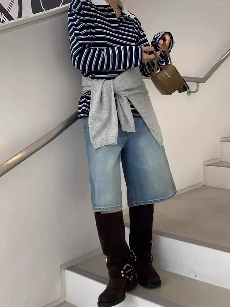 Chic Autumn New Sle Loose Fit Long Sve  Ne Striped Base Layer Top for Women Commute Sle Korean Version