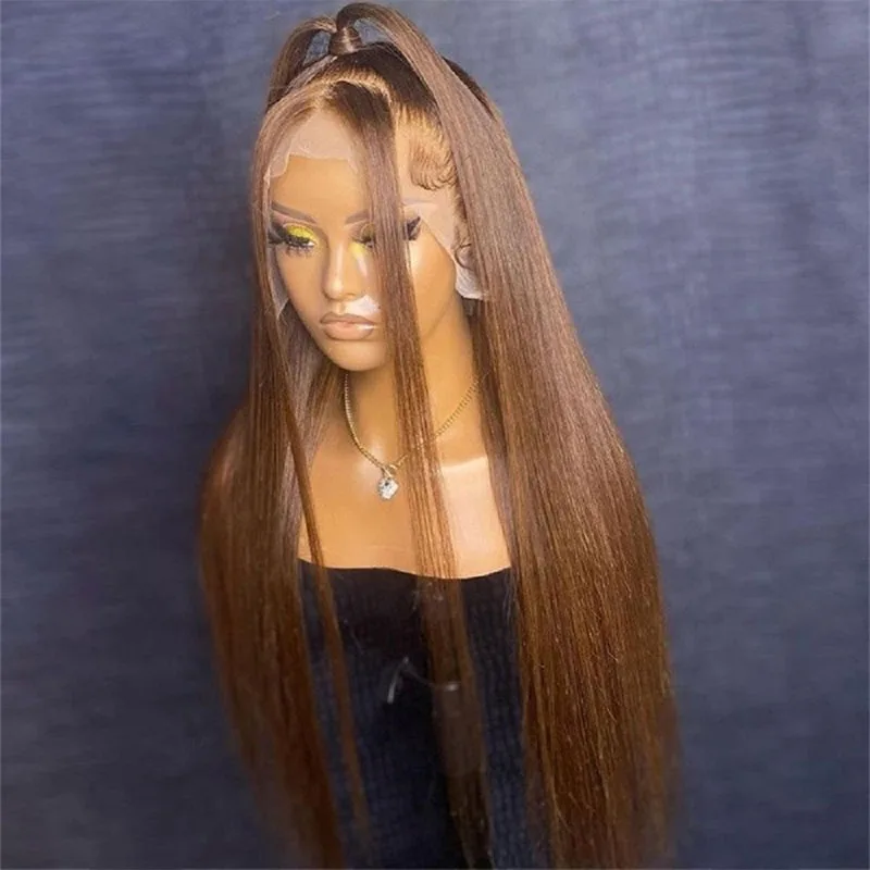 

Brown Color 26 inch Silky Straight Human Hair Transparent Lace 4x4 Silk Base Full Lace Wig For Women Pre Plucked With Baby Hair