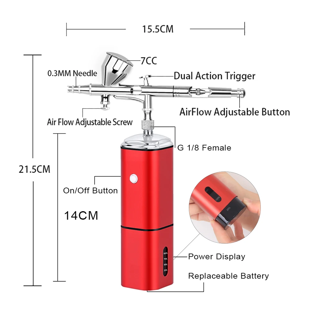 Ribo Auto Airbrush Kit Aerografo Portatile Ricaricabile Senza Fili A Basso Rumore Per Trucco, Tatuaggio, Nail Art