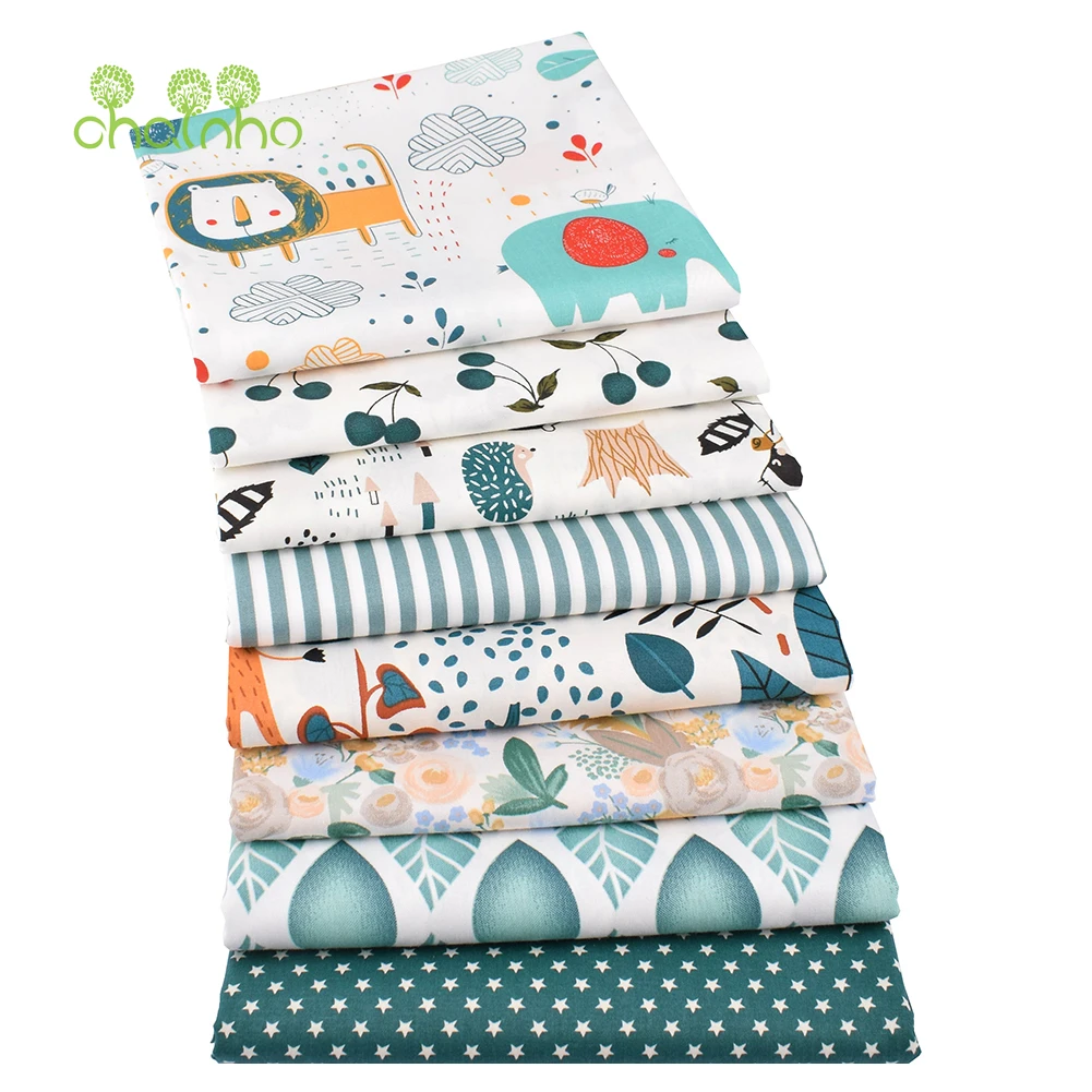 Chainho,Printed Twill Weave Cotton Fabric,DIY Sewing Quilting Material,Patchwork Cloth,Green Cartoon,2 Sizes,15C343