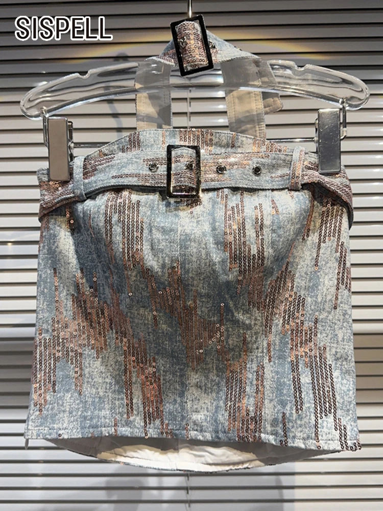 

SISPELL Patchwork Metal Buckle Denim Strapless Tops Halter Collar Sleeveless Spliced Sequins Sexy Embroidery Vests Female Summer