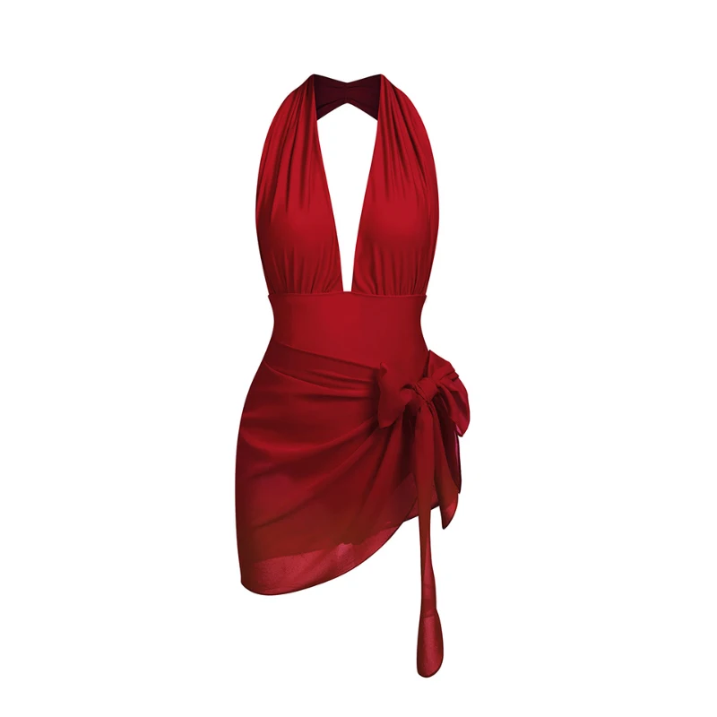 2023 One Piece Swimsuit Women Solid Bathing Suit Halter Bodysuit Push Up Swimwear Monokini Beachwear Tankini with Cover-up