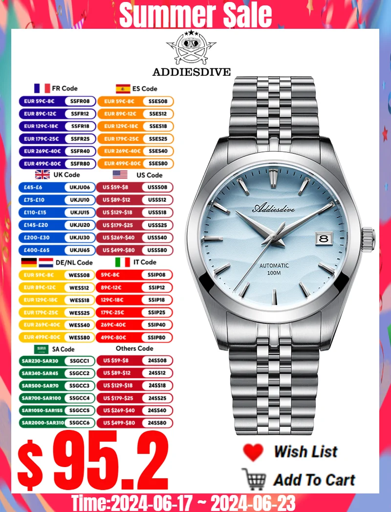 ADDIESDIVE Men's Watch Jubilee Strap Sapphire Glass 316L Steel 100M Diving Relogios Masculino Automatic Mechanical Watch