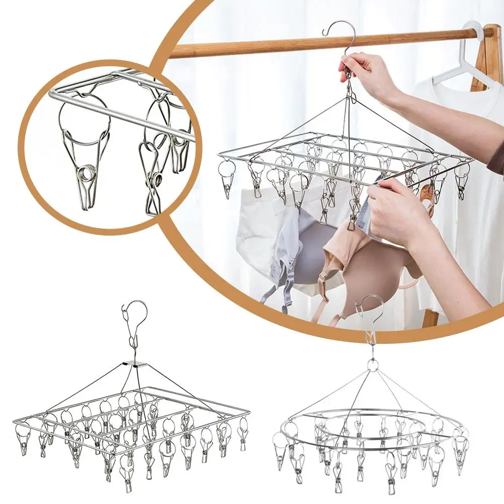 StainlessSteelWindproofClothespinLaundryHangerSockDryerRack