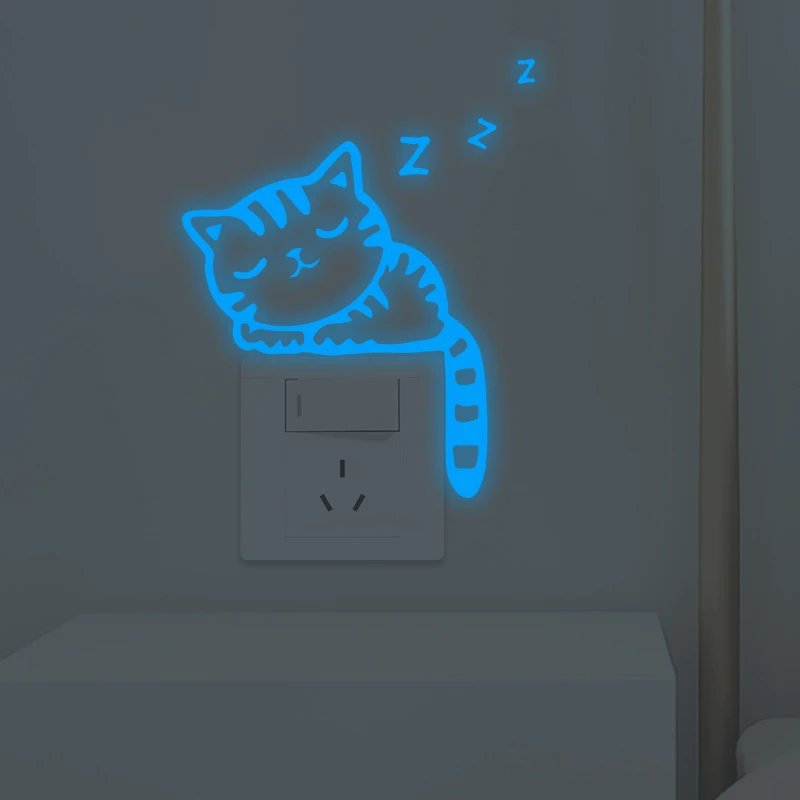 2PCS Luminous Light Switch Decals Glow in The Dark Sleepy Cat Animal Pattern Wall Stickers Light Switch Decor Art Mural Paste