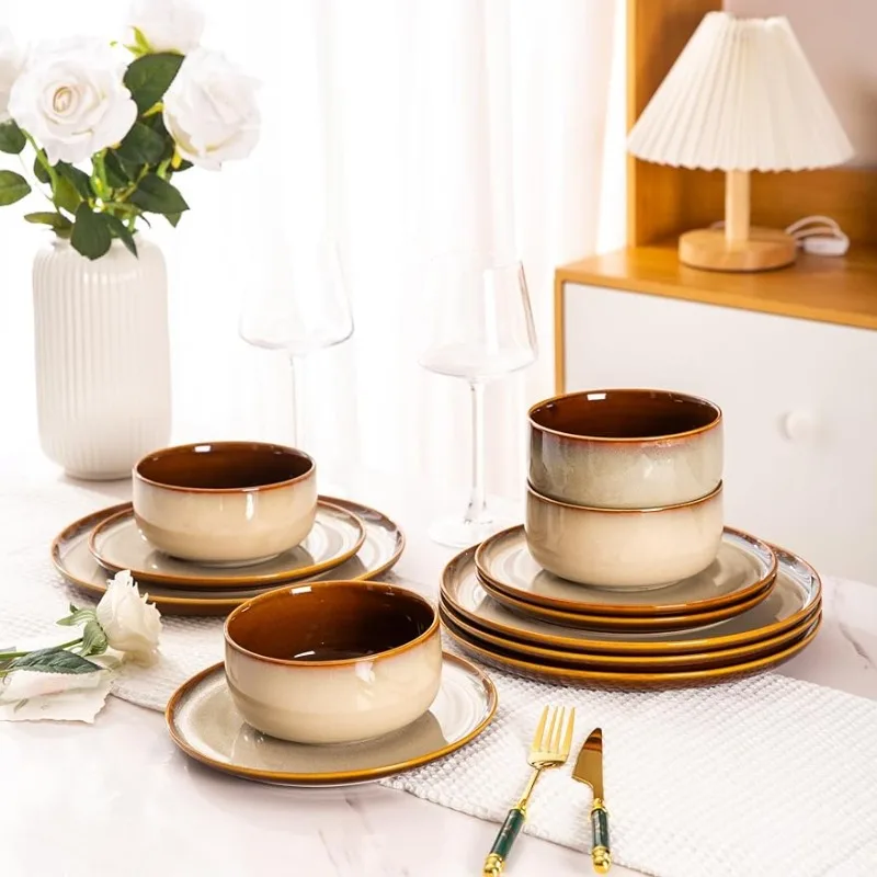 

Ceramic Dinnerware Sets,12-Piece Plates and Bowls,Chip Resistant and Scratch Resistant | Oven Dishwasher & Microwave Safe
