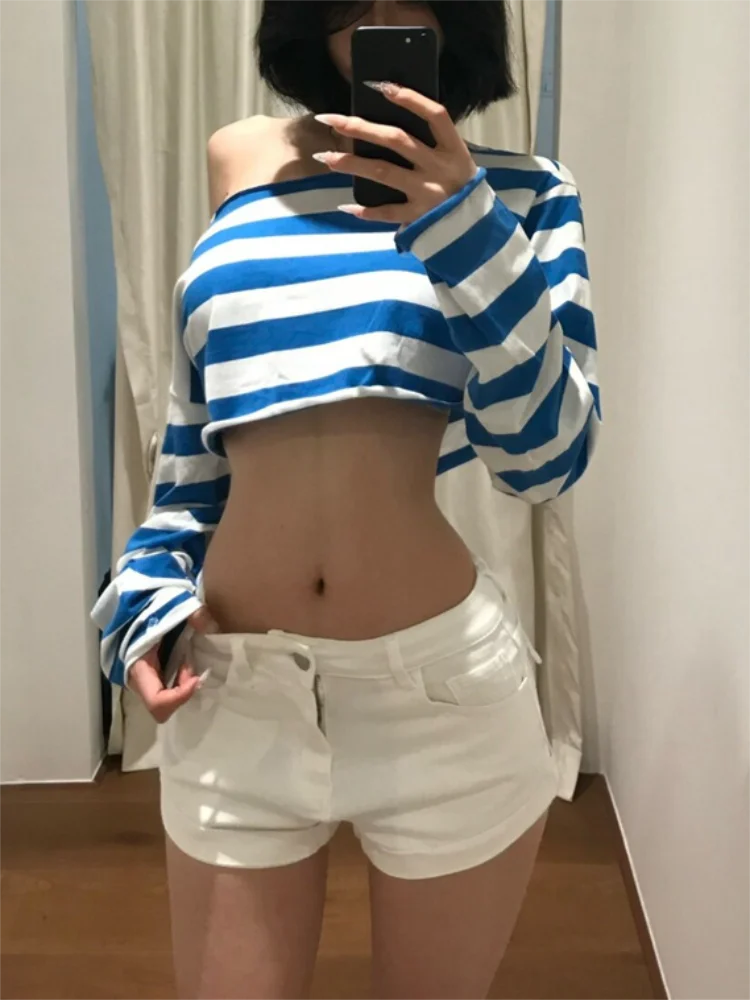 Locker sitzendes, schulterfreies, gestreiftes Langarm-T-Shirt für Damen, Herbst, Spicy Girl Crop Top, Y2K Grunge, 2000er Ästhetik, Streetwear-Oberteil
