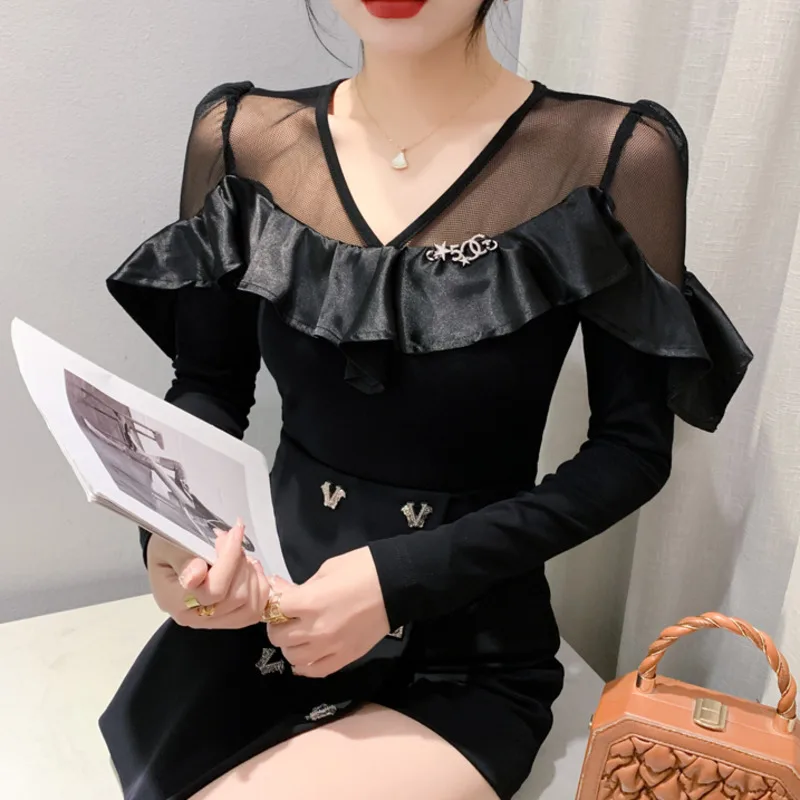 

#8670 Spring Summer Short T Shirt Women Split Joint Mesh Hollow Out Sexy Long Sleeve T-Shirt Female Ruffles Skinny Tshirt V-neck