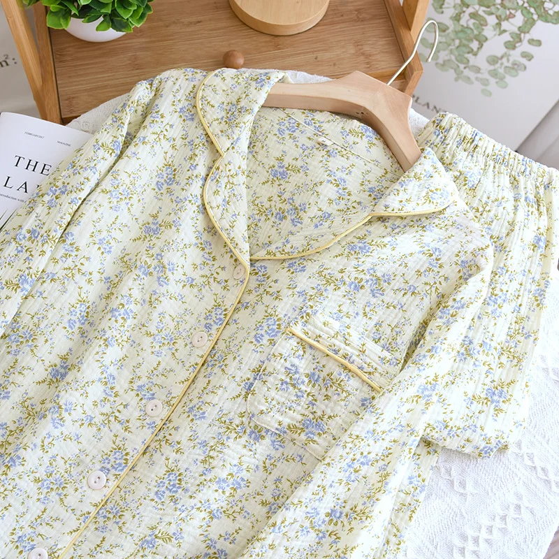 

Корейские пижамные комплекты из чистого хлопка для женского нижнего белья, осенняя Женская хлопковая Ночная сорочка с цветочным принтом, пижама, домашняя одежда