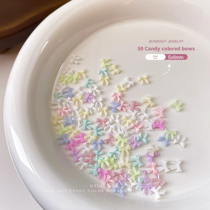 카니우 50/100개 3D 미니 리본 네일 참 컬러 그라데이션 네일 액세서리 젤 폴리쉬 DIY 네일 아트 데코 브라이덜 파티 매니큐어