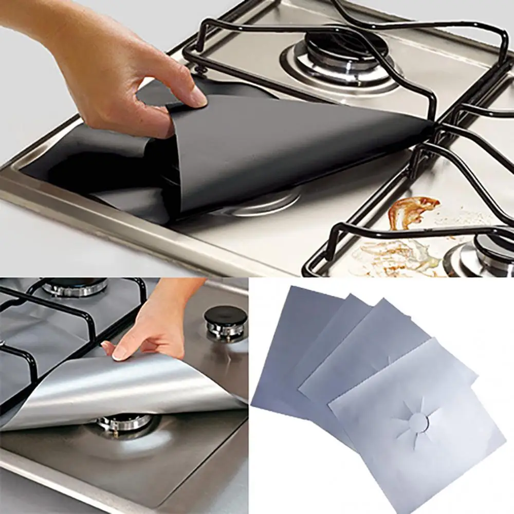 4 Pcs Square Foil Gas Hob Protector Liner Reusable Easy Clean Protection Pad Gas Stove Stovetop Protector Kitchen Accessories