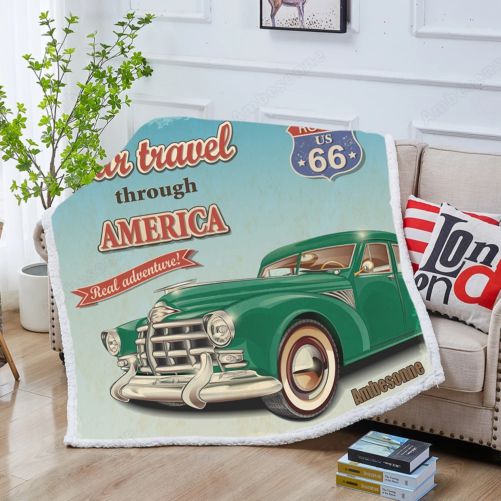 

Vintage Travel Poster Blanket Cute Car Sherpa Fleece Blanket Cartoon Fluffy Blanket Bedding for Kids Manta