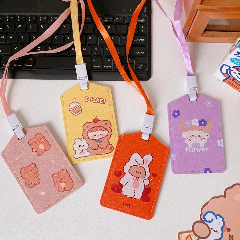 

Women Girls Bank Card Thin Leather Bear Lanyard Card Holder Bus Card Cover Neck Hanging Card Holders Credit ID Card