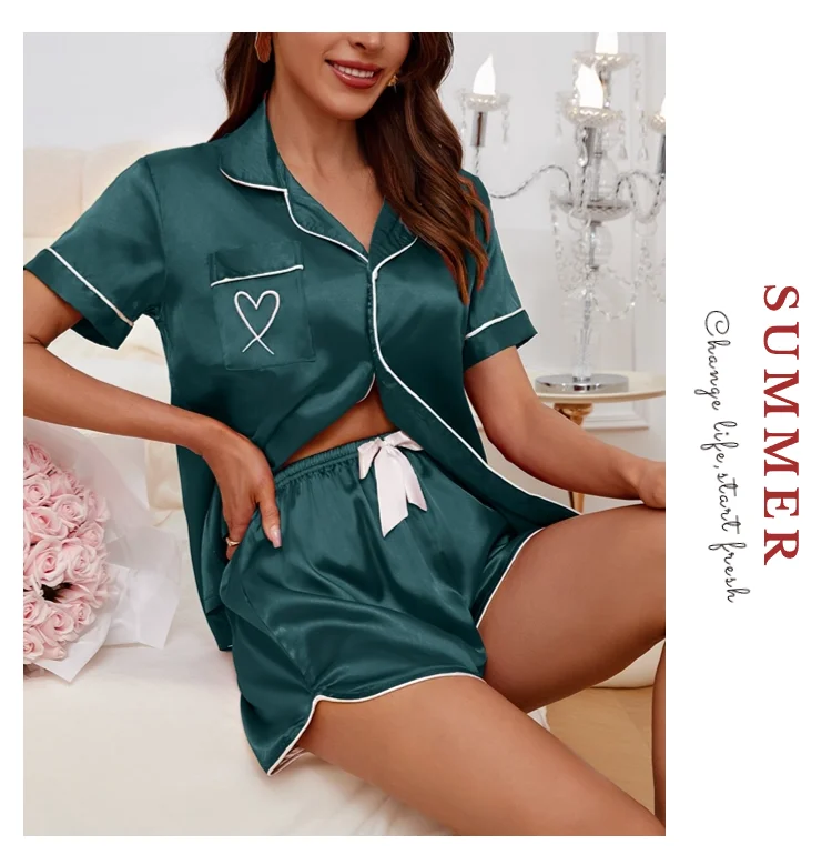 Damen-Pyjama-Lounge-Set, herzbestickte Tasche, gepatcht, Nachtwäsche, Button-Down-Kurzarm-Top und Shorts, Pyjama-Hauskleidung – Detail 11