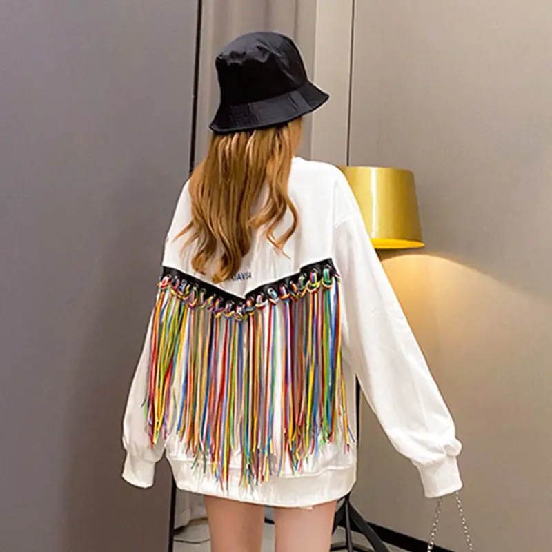 

2022 New Rainbows Tassels Casual Sweatshirts Women Oversized Hoodies Spring Autumn Women Pullover Streetwear Baggy Hoodie Hiphop