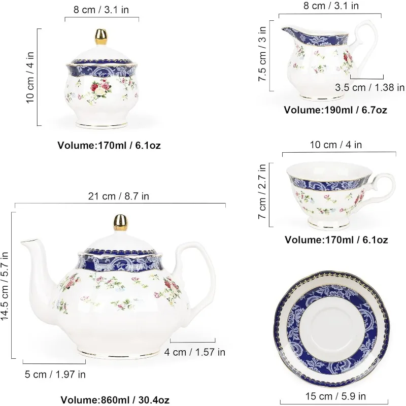 Bone China Tea Sets for Adults Porcelain Tea Service with Sugar Bowl & Creamer English Cremic Floral Cups Set of 6