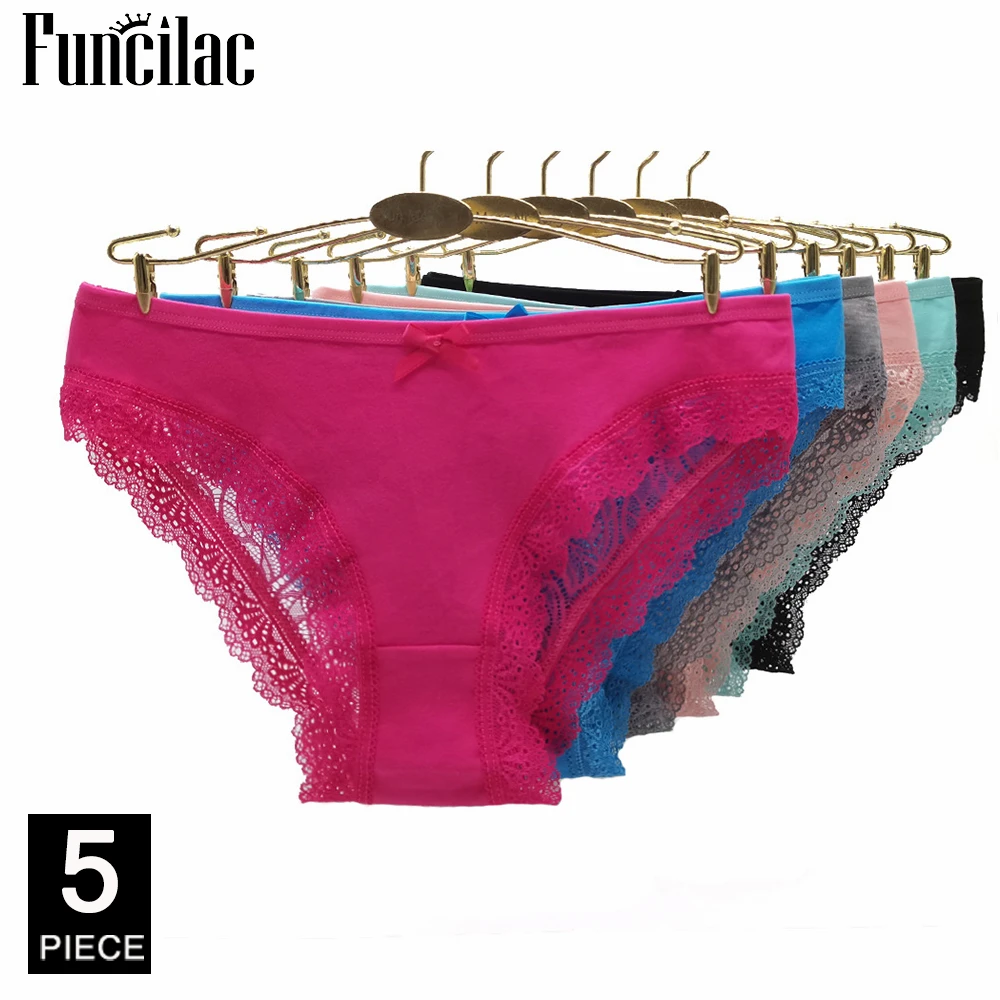 Sexy Women Underwear Cotton Everyday Style Low Waisted Briefs Transparent Lace Ladies Knickers Panties M L XL 5 Pcs/set