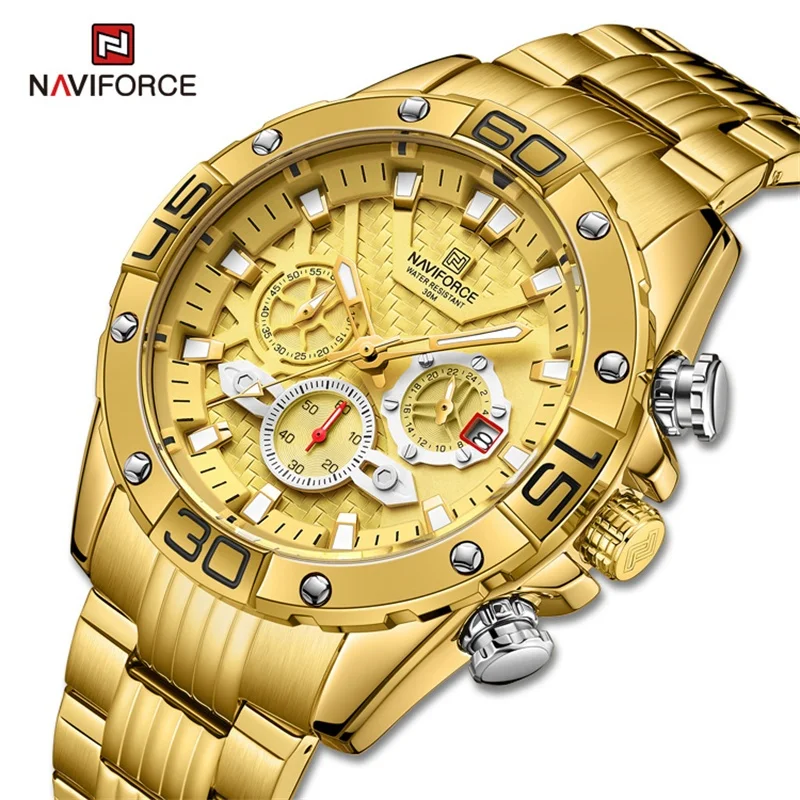   NAVIFORCE-남성용 패션 시계, 럭셔리 오리지널 클래식 쿼츠 시계, 아날로그 크로노 그래프 스포츠 방수 스틸 밴드 손목 시계 