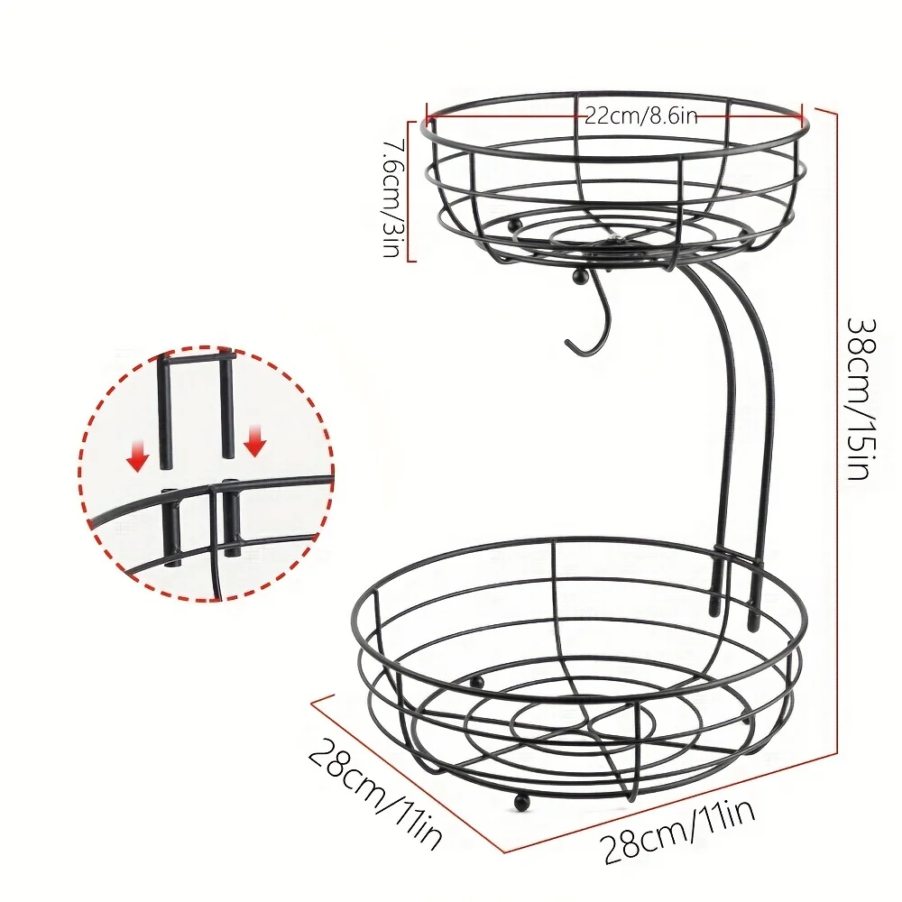 2-Tier Fruit Basket, Metal Fruit Bowl, Bread Baskets, Fruit Holder, Large Fruit Stand Organizer With Banana Hanger, Black 2