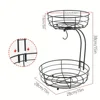 2-Tier Fruit Basket, Metal Fruit Bowl, Bread Baskets, Fruit Holder, Large Fruit Stand Organizer With Banana Hanger, Black 2