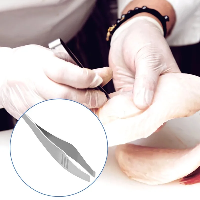 Description Picture 4 of item1pc Stainless Steel Fish Bone Tweezer Food Clips Food Tongs Hair Removal Tool Angled Ham Tweezers Kitchen Plier Seafood Tool