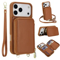 Leather Crossbody Zipper Purse and Card Holder with RFID Protection - iPhone 15 Plus (Brown)