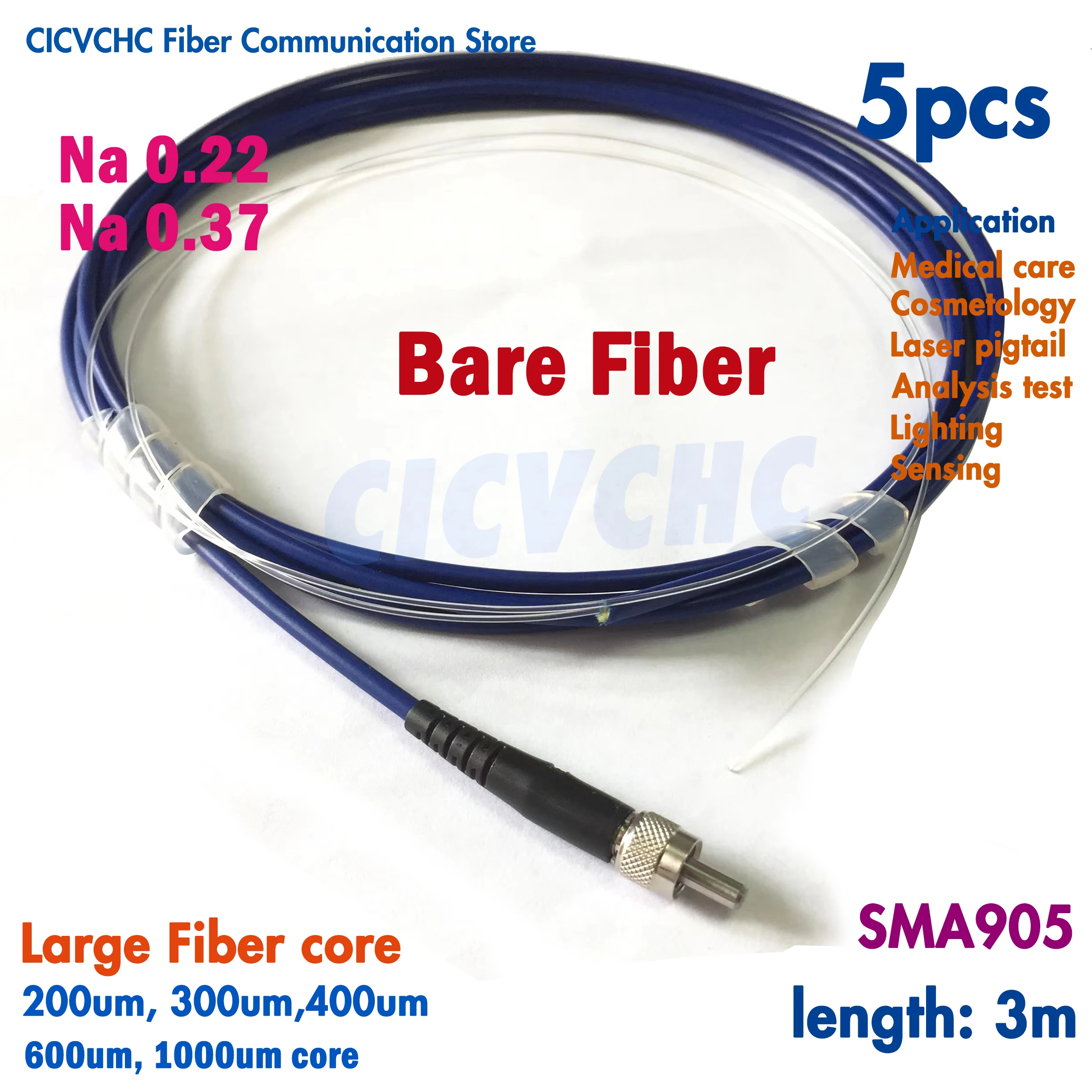 5pcs SMA905 Bare Medical Fiber with 200um, 300um, 400um, 600um, 1000um Large Core Na0.22 or Na0.37