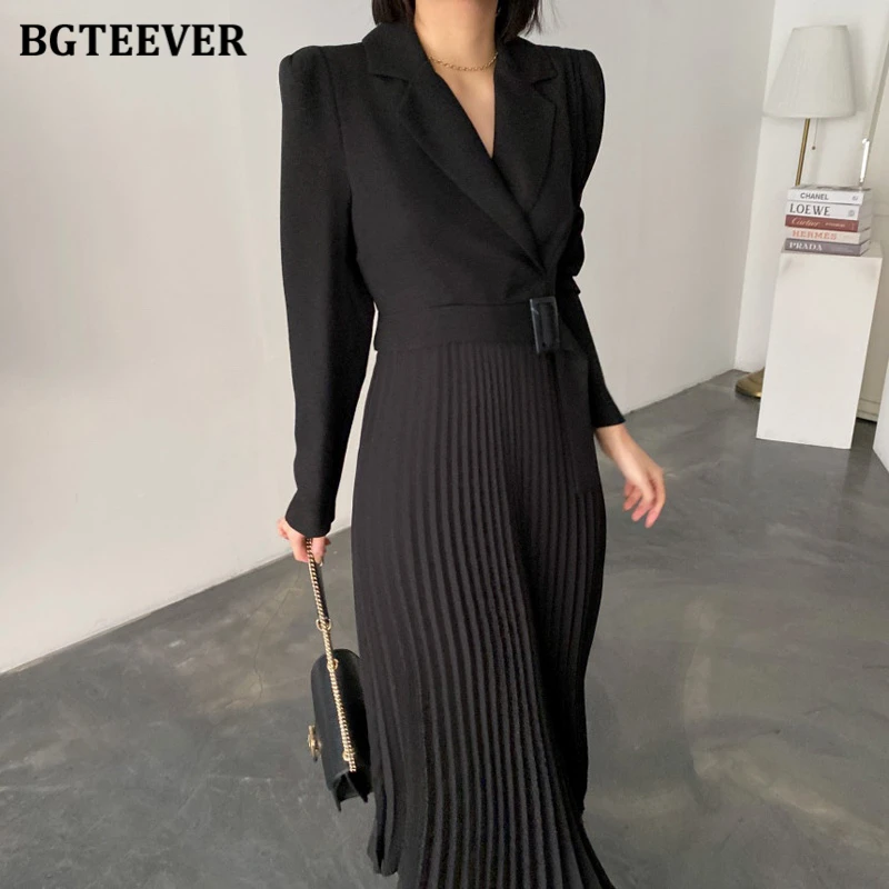 

BGTEEVER Autumn Notched Collar Ladies Pleated Dress Elegant Slim Waist Belted Long Sleeve Female Mid-Length Dress vestidos